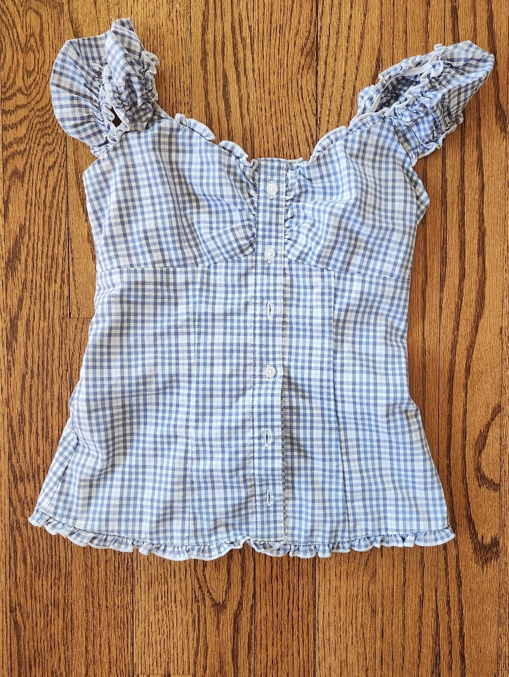 Hollister On/Off-the-Shoulder Poplin Blouse in a blue and white gingham (plaid)